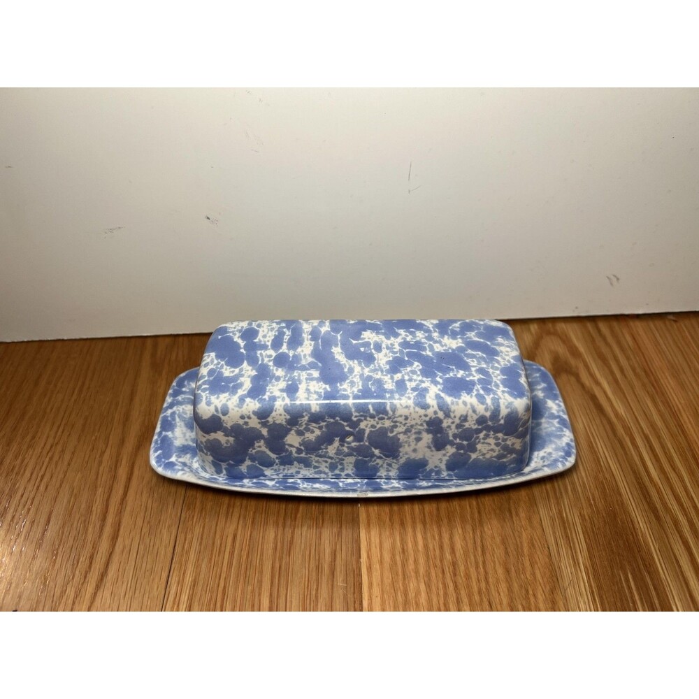 Bennington Potters Stoneware Butter Dish Blue Spongeware 1683 Vermont USA - Picture 3 of 8